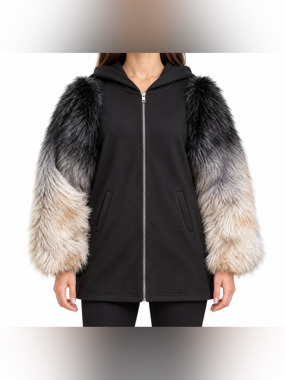 Zara Black Oversized Ombré Faux Fur Sleeve Zip-Up Hoodie Small
